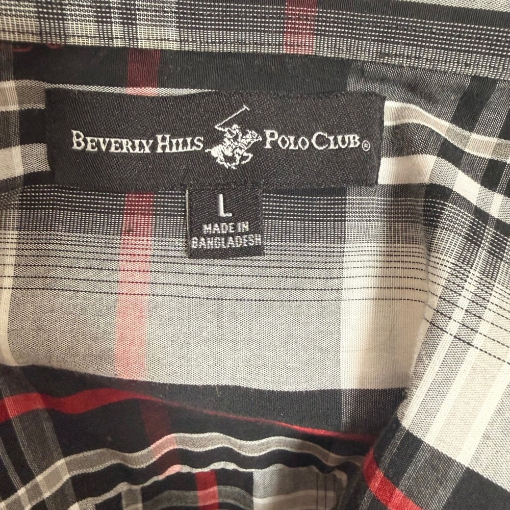 Beverly Hills Polo Club Mens Plaid Short Sleeve Button Down Shirt Red Black L - Picture 4 of 9
